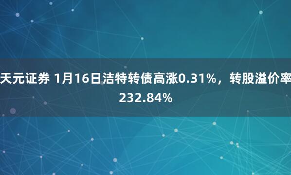 天元证券 1月16日洁特转债高涨0.31%，转股溢价率232.84%